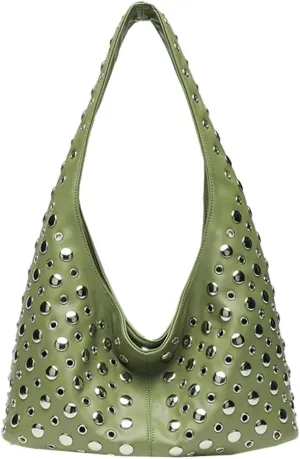 Y2k 90s Studded Hobo Bags Women PU Leather Crescent Crossbody Purse Trendy Shoulder Satchels Punk Underarm Tote Handbag