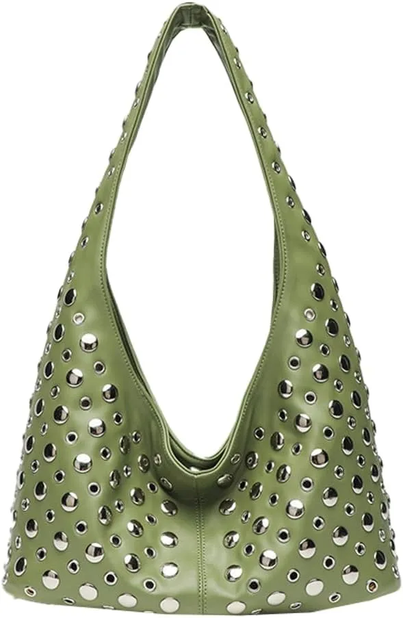 Y2k 90s Studded Hobo Bags Women PU Leather Crescent Crossbody Purse Trendy Shoulder Satchels Punk Underarm Tote Handbag