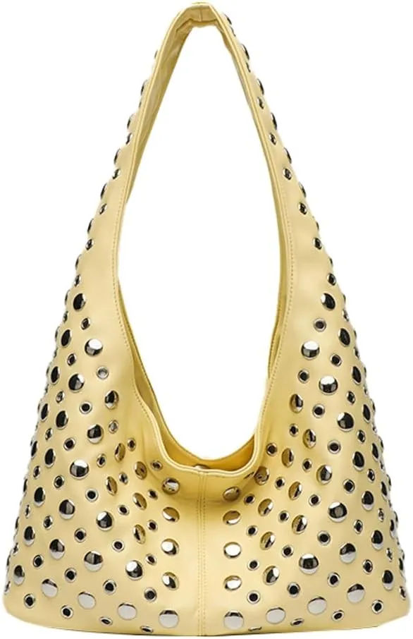 Y2k 90s Studded Hobo Bags Women PU Leather Crescent Crossbody Purse Trendy Shoulder Satchels Punk Underarm Tote Handbag
