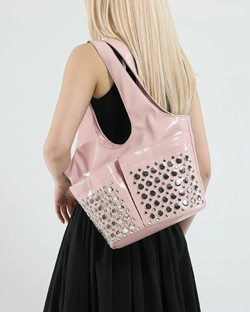Y2k 90s Studded Hobo Bags Women PU Leather Punk Crescent Crossbody Purse Satchels Trendy Underarm Shoulder Tote Handbag