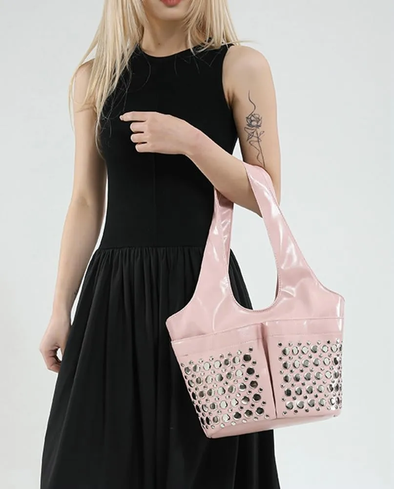 Y2k 90s Studded Hobo Bags Women PU Leather Punk Crescent Crossbody Purse Satchels Trendy Underarm Shoulder Tote Handbag