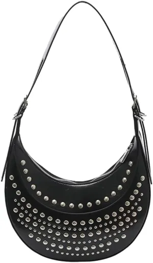 Y2k 90s Studded Hobo Bags Women PU Leather Punk Underarm Crescent Crossbody Purse Satchels Trendy Shoulder Tote Handbag