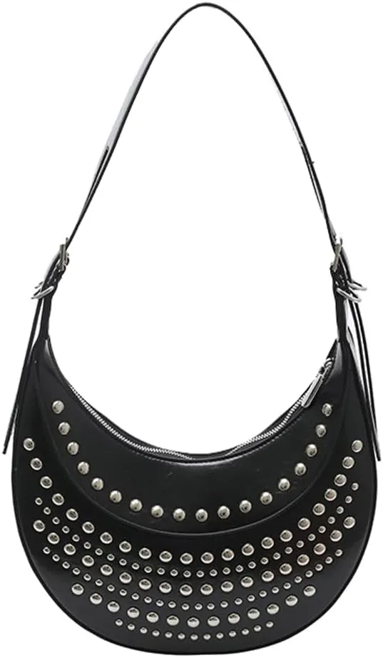 Y2k 90s Studded Hobo Bags Women PU Leather Punk Underarm Crescent Crossbody Purse Satchels Trendy Shoulder Tote Handbag