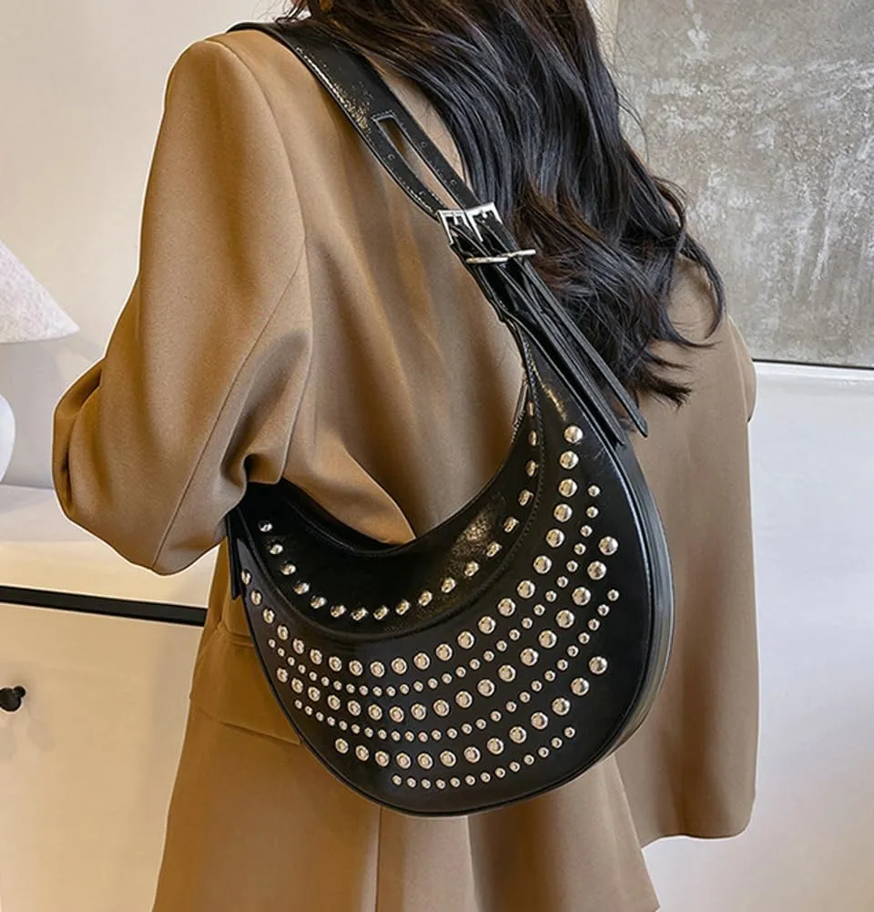 Y2k 90s Studded Hobo Bags Women PU Leather Punk Underarm Crescent Crossbody Purse Satchels Trendy Shoulder Tote Handbag