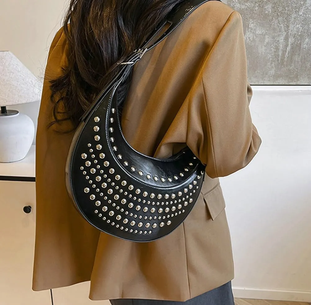 Y2k 90s Studded Hobo Bags Women PU Leather Punk Underarm Crescent Crossbody Purse Satchels Trendy Shoulder Tote Handbag