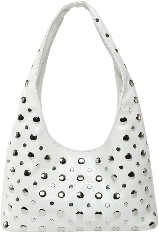 Y2k 90s Studded Hobo Bags Women Trendy Punk PU Leather Underarm Crescent Crossbody Purse Satchels Shoulder Tote Handbag