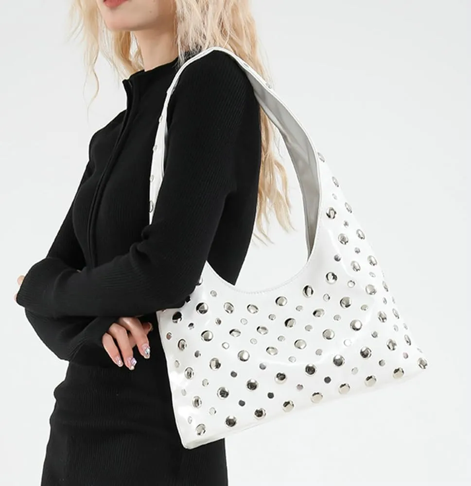 Y2k 90s Studded Hobo Bags Women Trendy Punk PU Leather Underarm Crescent Crossbody Purse Satchels Shoulder Tote Handbag