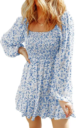 yoeasy Women's Smocked Floral Print Square Neck Long Puff Sleeve Mini Dress High Waist Boho Ruffle Dress