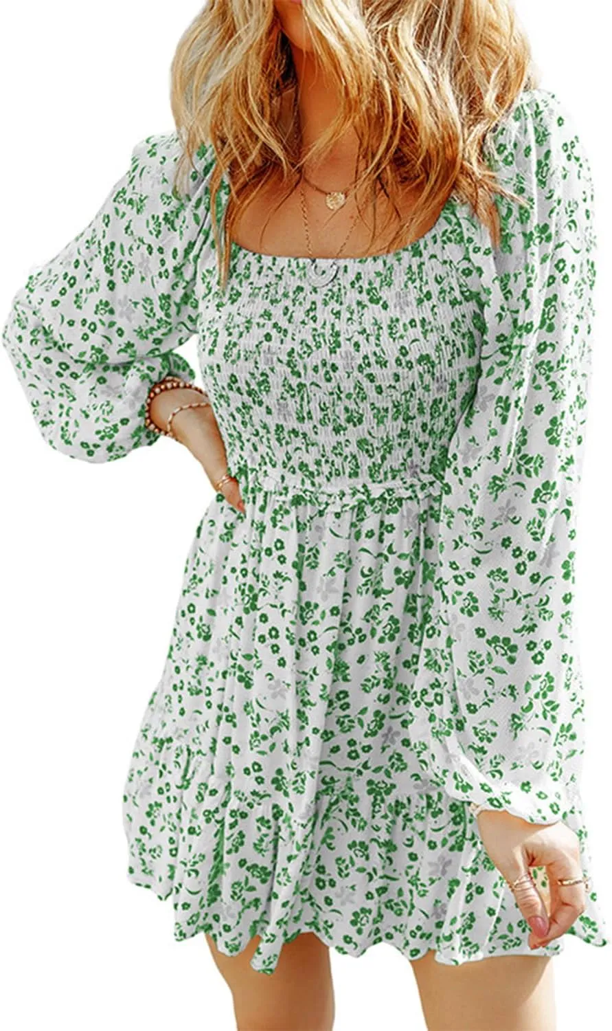 yoeasy Women's Smocked Floral Print Square Neck Long Puff Sleeve Mini Dress High Waist Boho Ruffle Dress