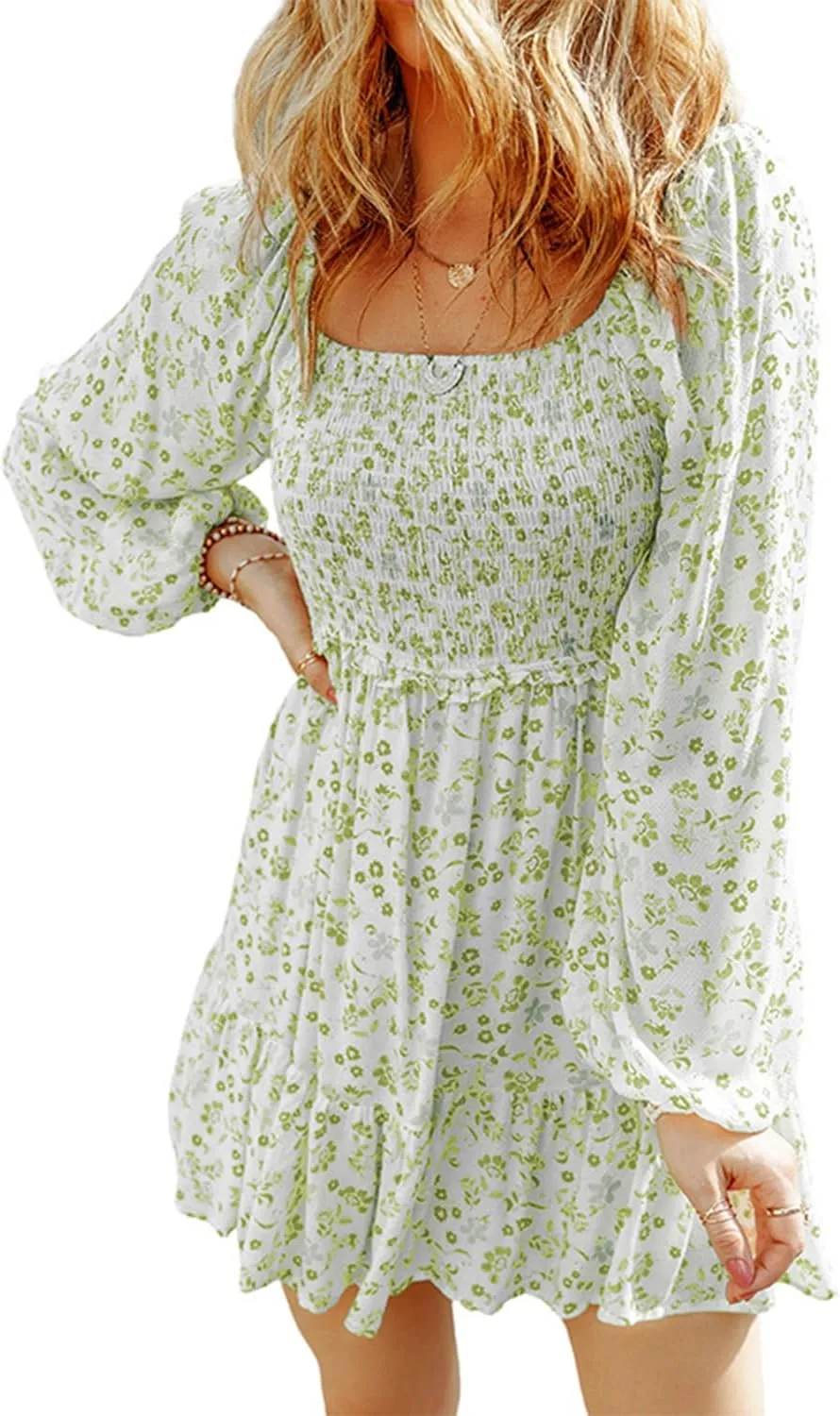 yoeasy Women's Smocked Floral Print Square Neck Long Puff Sleeve Mini Dress High Waist Boho Ruffle Dress
