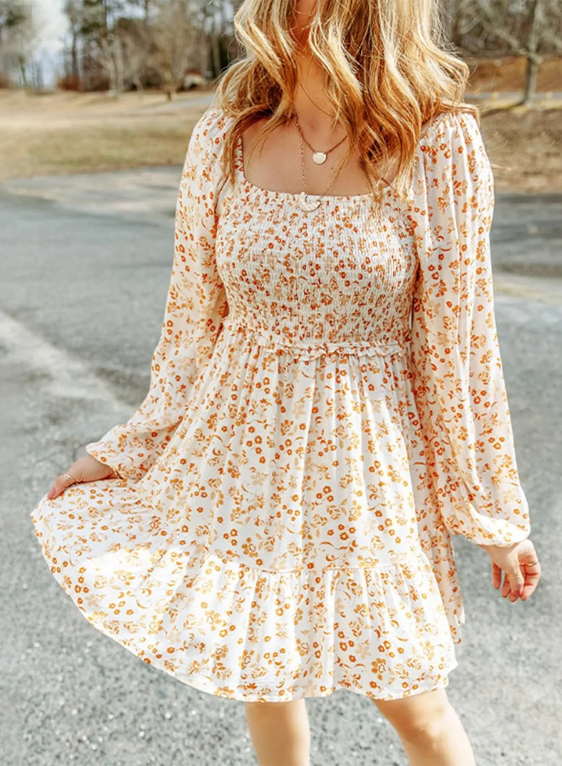 yoeasy Women's Smocked Floral Print Square Neck Long Puff Sleeve Mini Dress High Waist Boho Ruffle Dress