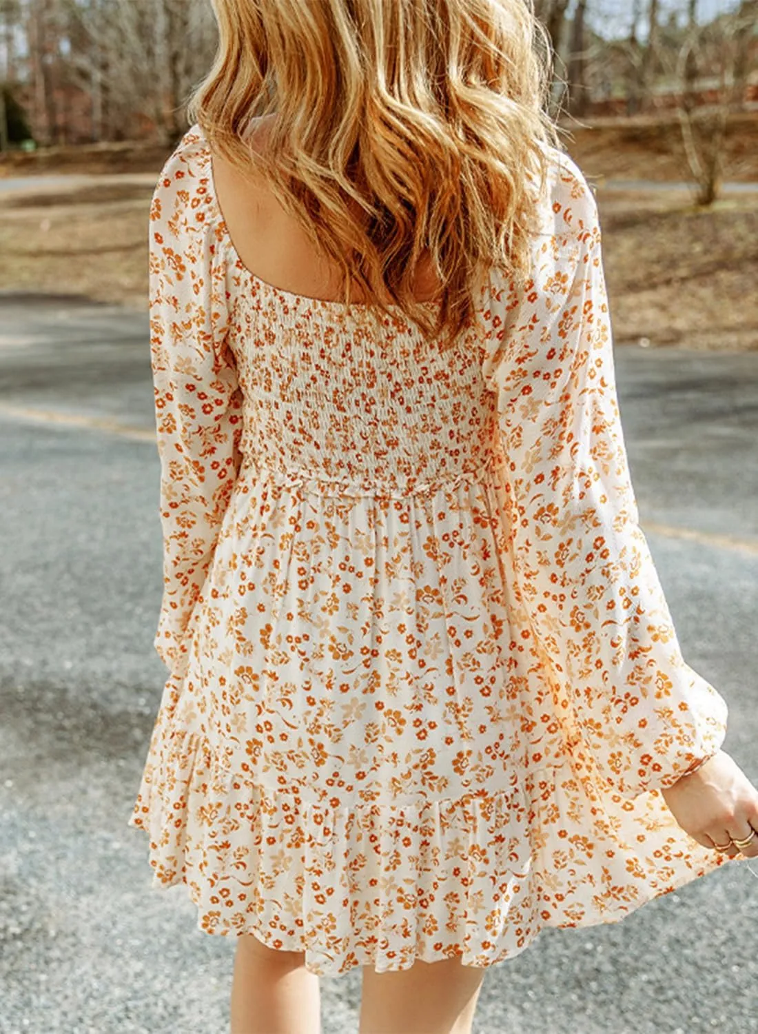 yoeasy Women's Smocked Floral Print Square Neck Long Puff Sleeve Mini Dress High Waist Boho Ruffle Dress