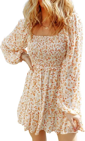 yoeasy Women's Smocked Floral Print Square Neck Long Puff Sleeve Mini Dress High Waist Boho Ruffle Dress