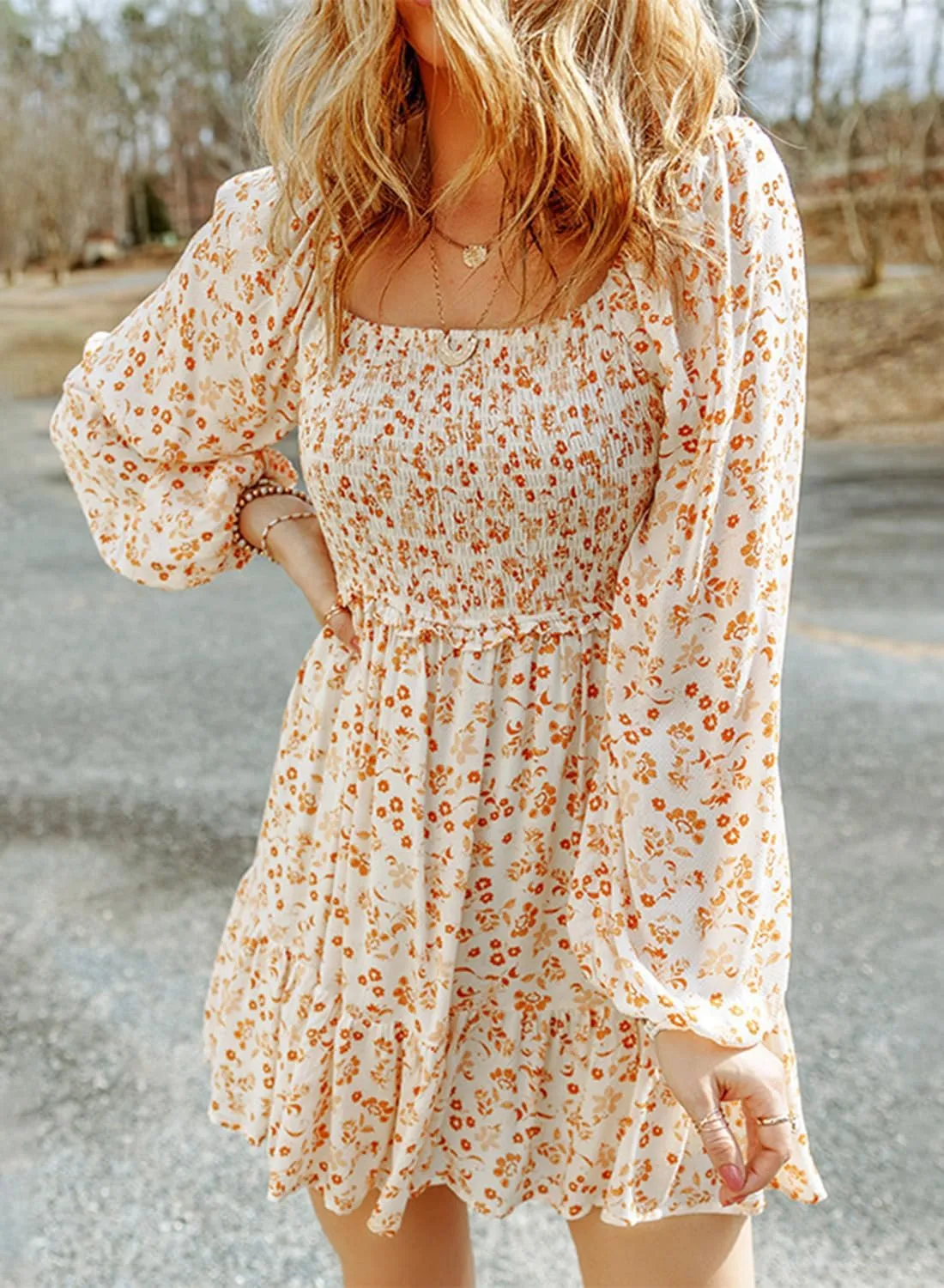 yoeasy Women's Smocked Floral Print Square Neck Long Puff Sleeve Mini Dress High Waist Boho Ruffle Dress