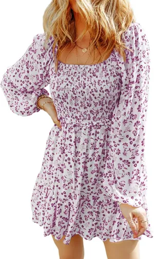 yoeasy Women's Smocked Floral Print Square Neck Long Puff Sleeve Mini Dress High Waist Boho Ruffle Dress