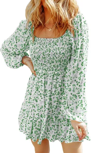 yoeasy Women's Smocked Floral Print Square Neck Long Puff Sleeve Mini Dress High Waist Boho Ruffle Dress