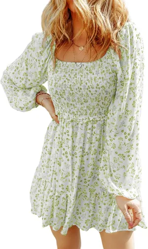 yoeasy Women's Smocked Floral Print Square Neck Long Puff Sleeve Mini Dress High Waist Boho Ruffle Dress