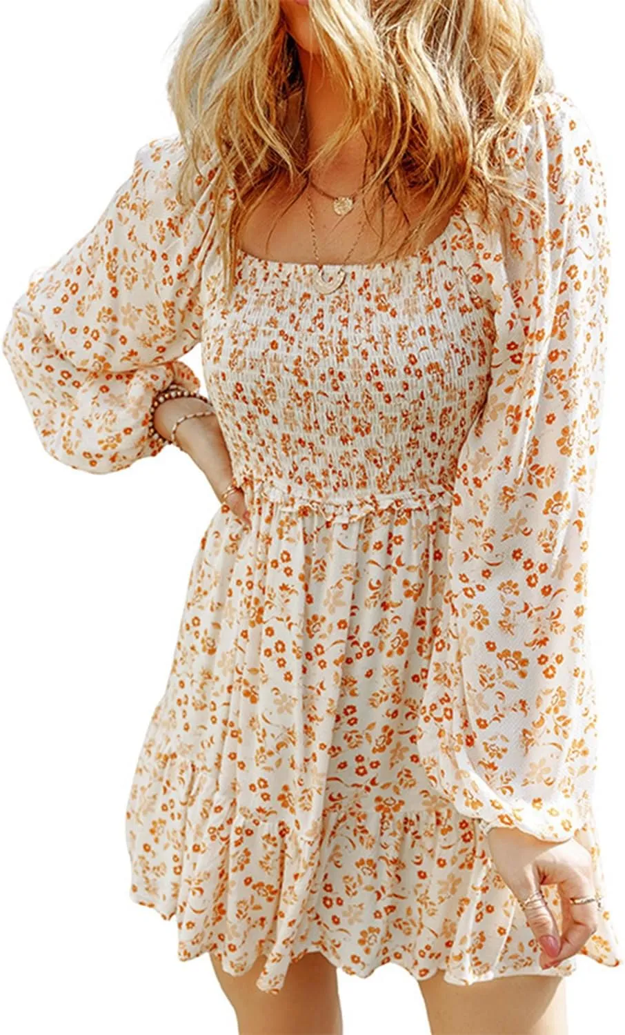 yoeasy Women's Smocked Floral Print Square Neck Long Puff Sleeve Mini Dress High Waist Boho Ruffle Dress