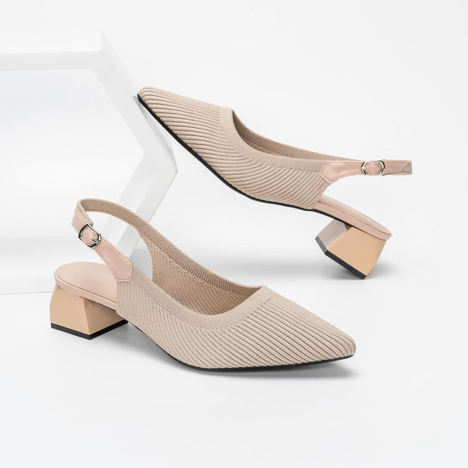 youngshow Pointed Toe Women Pumps, Comfort Slingback Heels with Arch Support, Cute Kitten Heels with Ankle Strap for Womens, Walking Office, Black