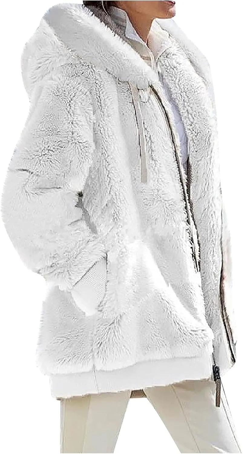 ZEFOTIM Winter Coats for Women 2023 Warm Lightweight Fleece Plush Zipper Hooded Jacket Comfy Wool Coats with Pockets