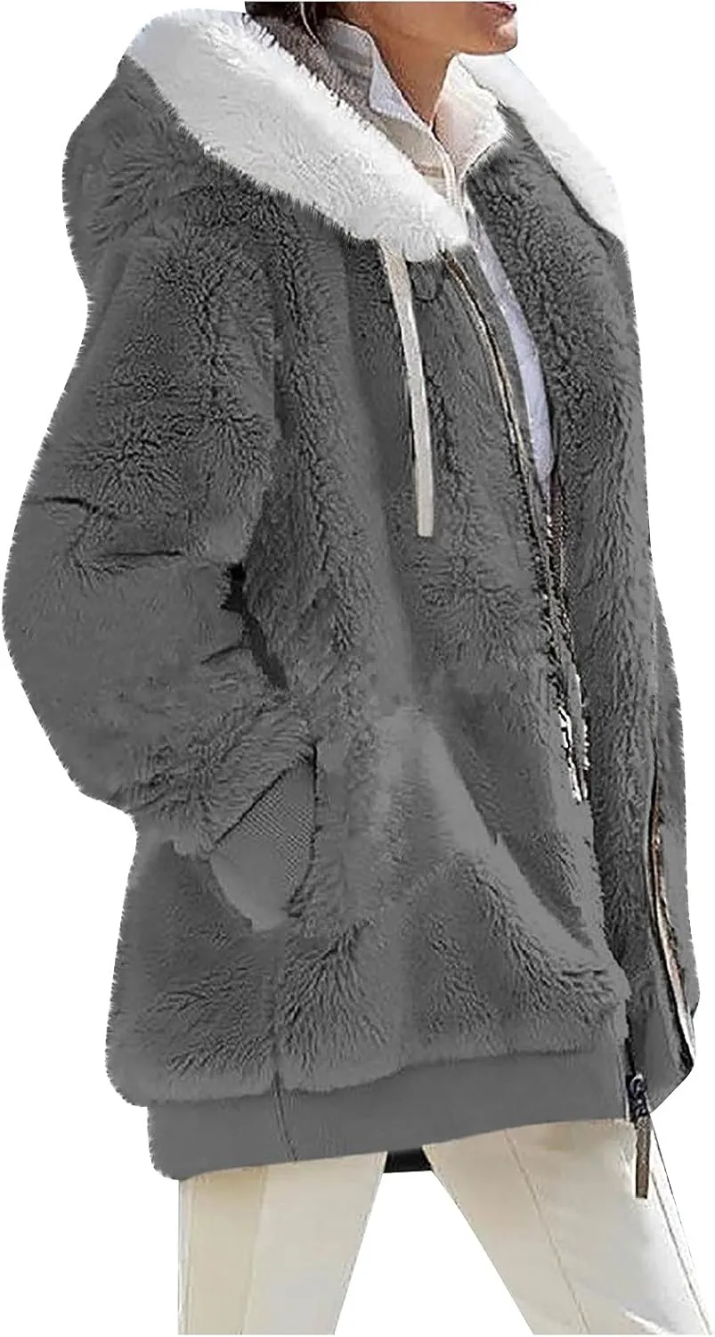 ZEFOTIM Winter Coats for Women 2023 Warm Lightweight Fleece Plush Zipper Hooded Jacket Comfy Wool Coats with Pockets