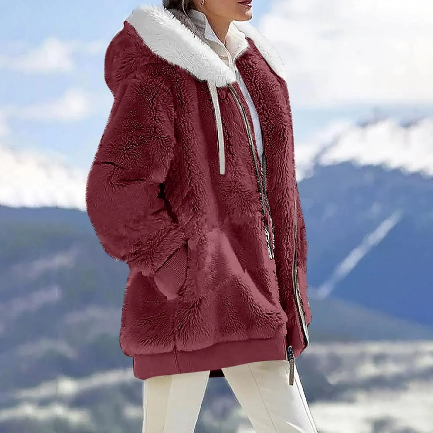 ZEFOTIM Winter Coats for Women 2023 Warm Lightweight Fleece Plush Zipper Hooded Jacket Comfy Wool Coats with Pockets