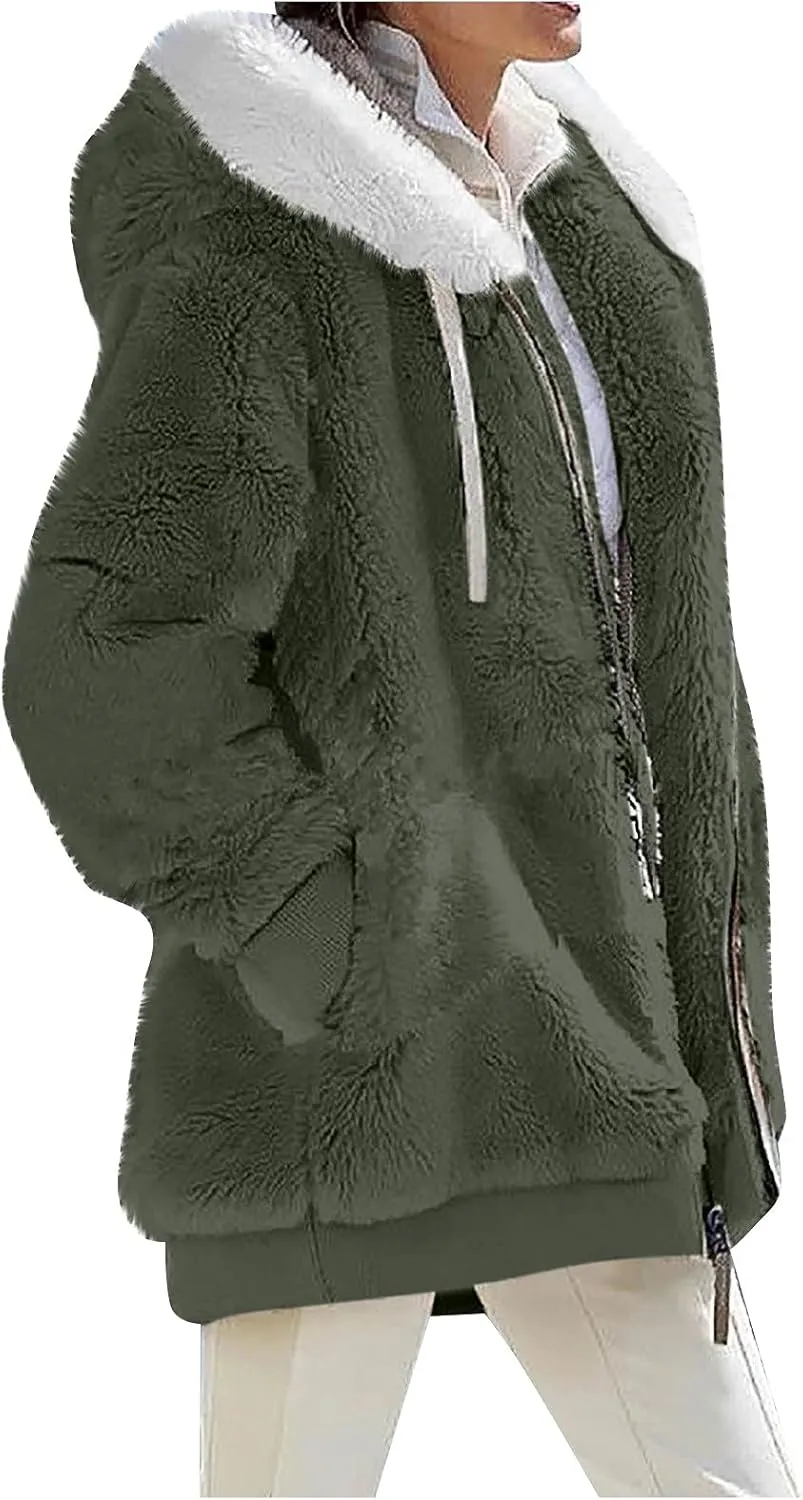 ZEFOTIM Winter Coats for Women 2023 Warm Lightweight Fleece Plush Zipper Hooded Jacket Comfy Wool Coats with Pockets