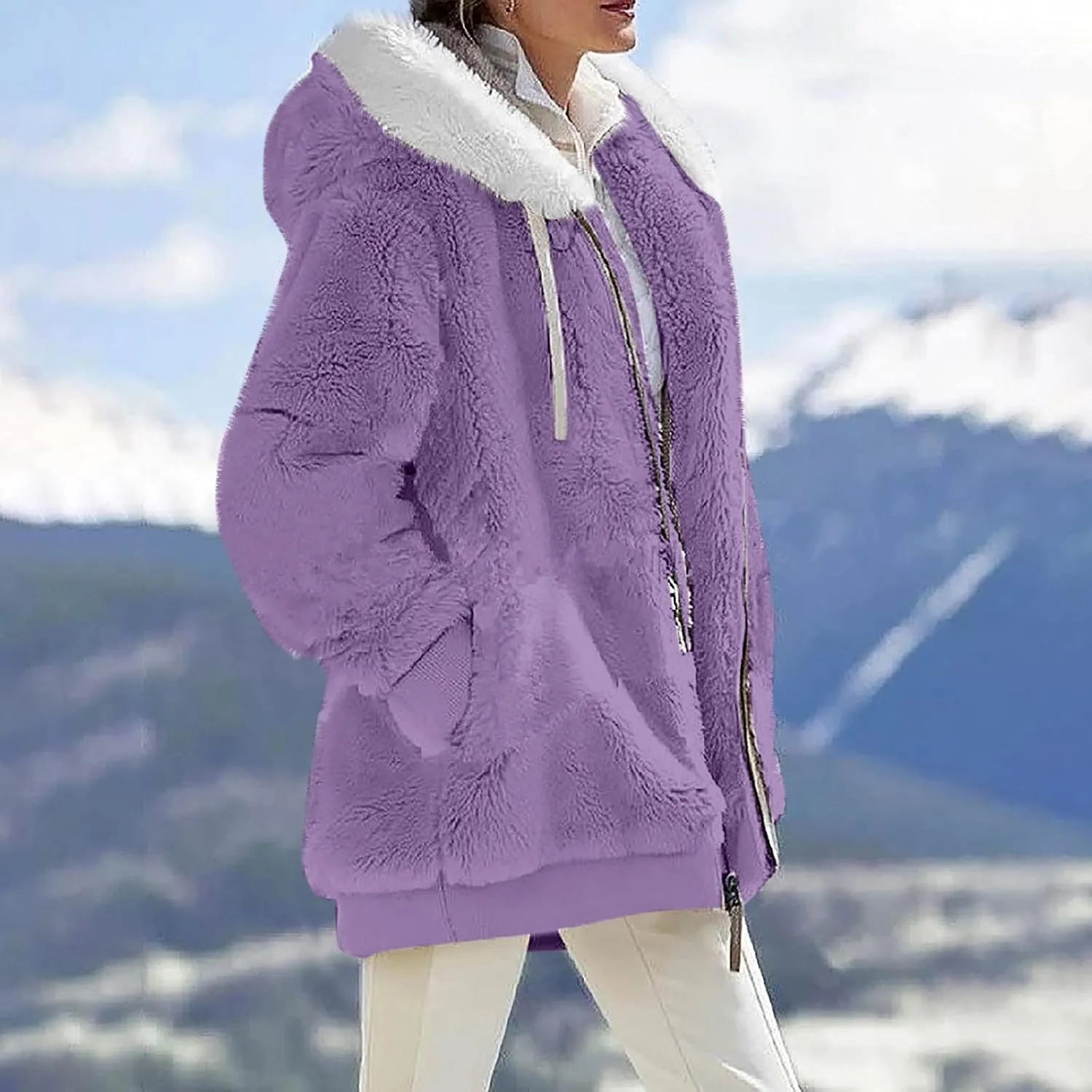 ZEFOTIM Winter Coats for Women 2023 Warm Lightweight Fleece Plush Zipper Hooded Jacket Comfy Wool Coats with Pockets