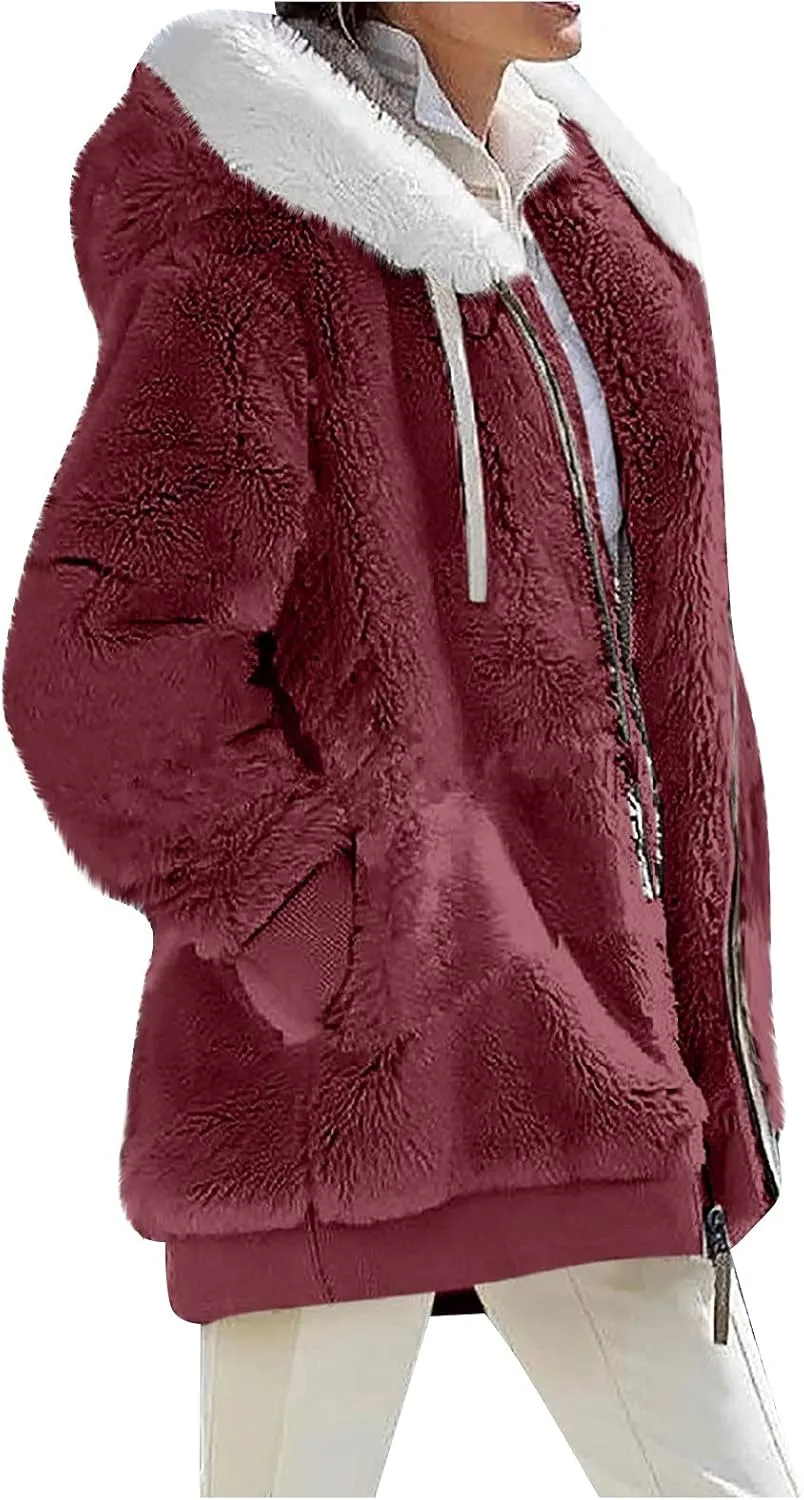 ZEFOTIM Winter Coats for Women 2023 Warm Lightweight Fleece Plush Zipper Hooded Jacket Comfy Wool Coats with Pockets