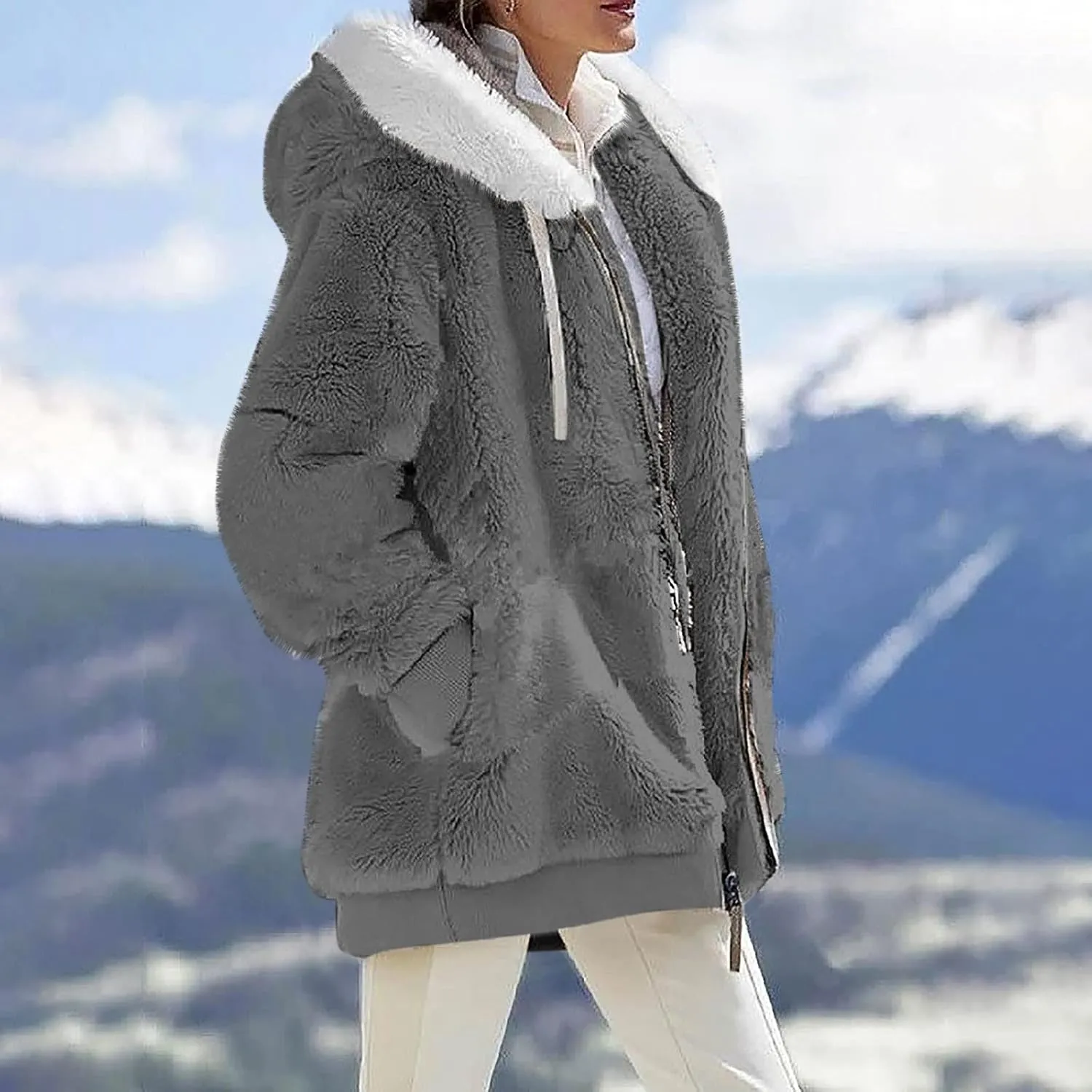 ZEFOTIM Winter Coats for Women 2023 Warm Lightweight Fleece Plush Zipper Hooded Jacket Comfy Wool Coats with Pockets