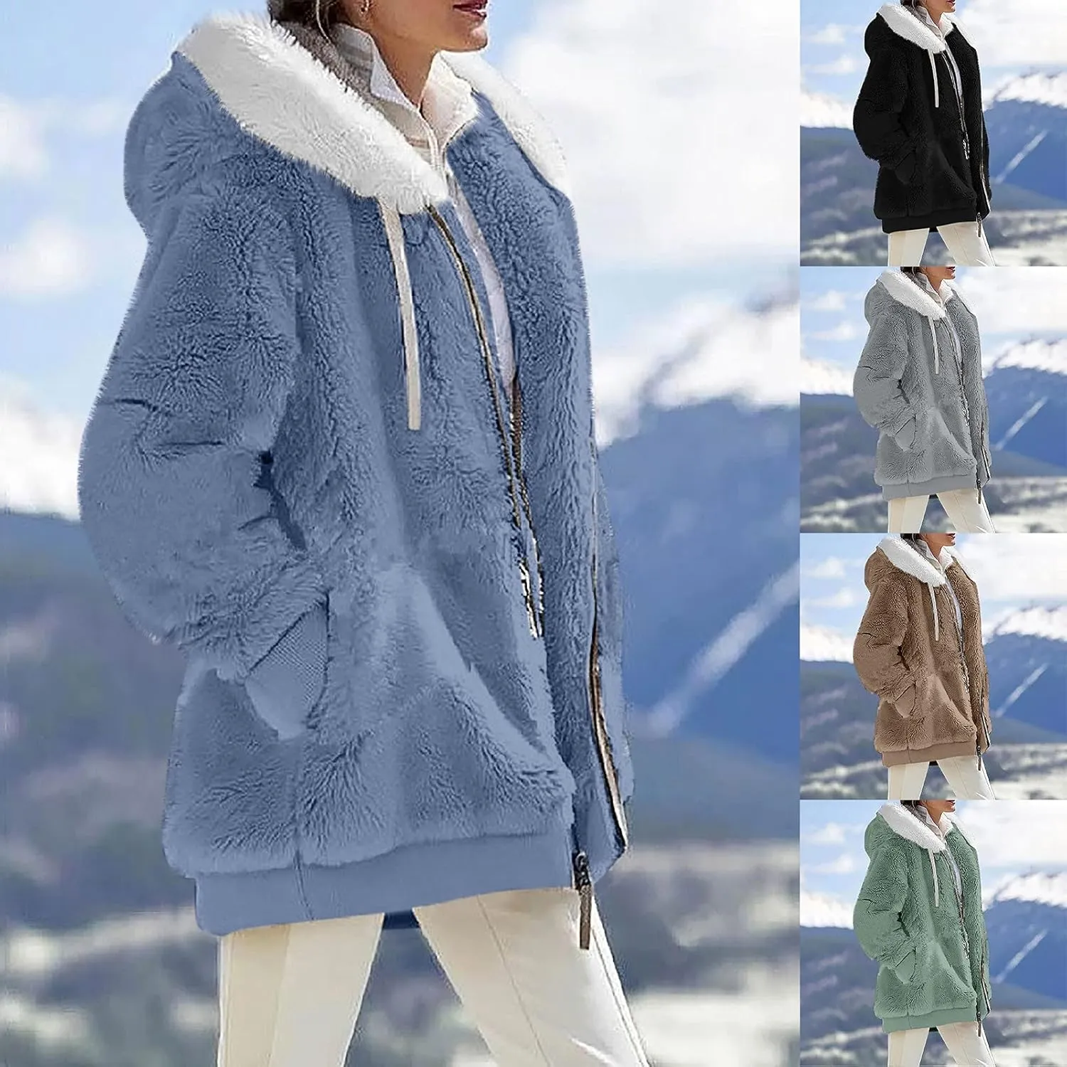 ZEFOTIM Winter Coats for Women 2023 Warm Lightweight Fleece Plush Zipper Hooded Jacket Comfy Wool Coats with Pockets