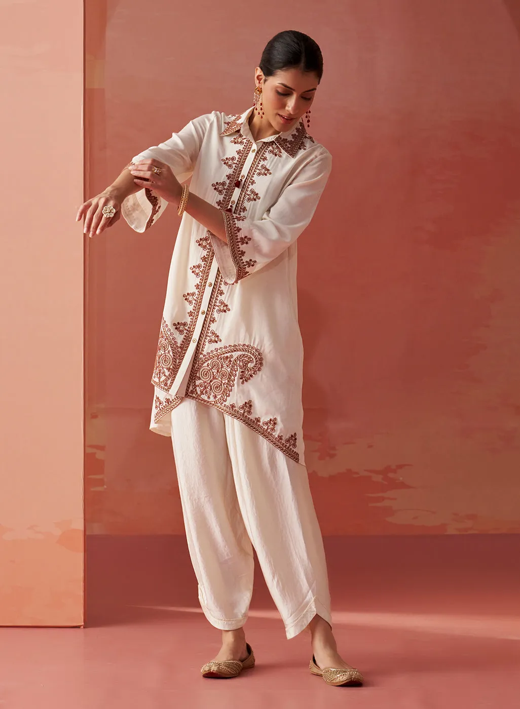 Zoha Ivory Embroidered Rayon Shirt for Women