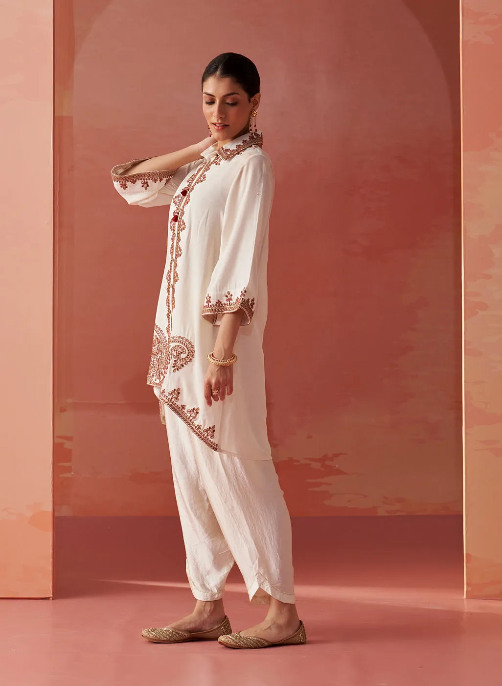 Zoha Ivory Embroidered Rayon Shirt for Women