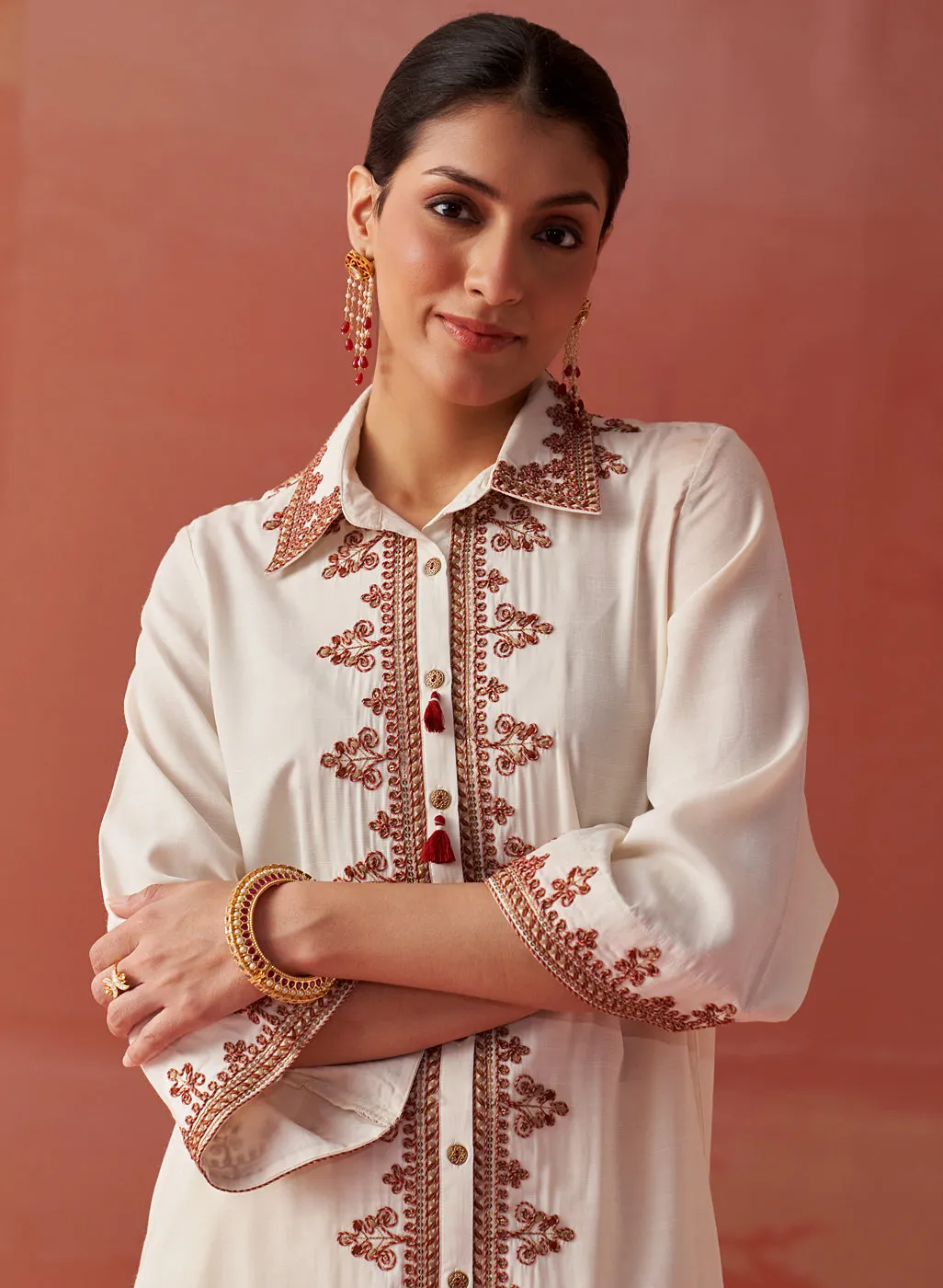 Zoha Ivory Embroidered Rayon Shirt for Women