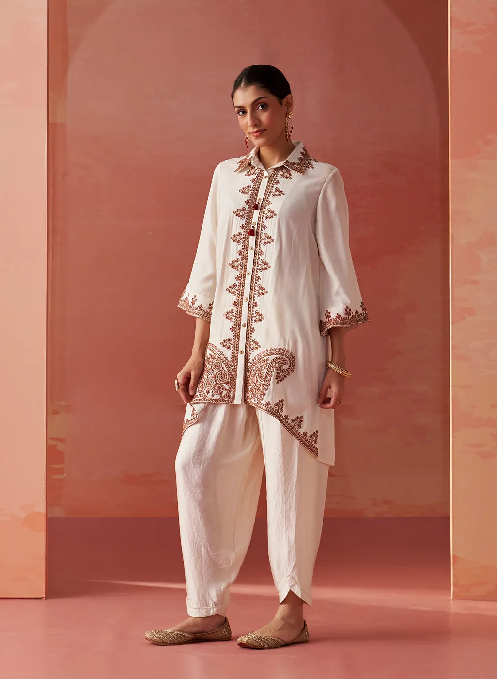 Zoha Ivory Embroidered Rayon Shirt for Women