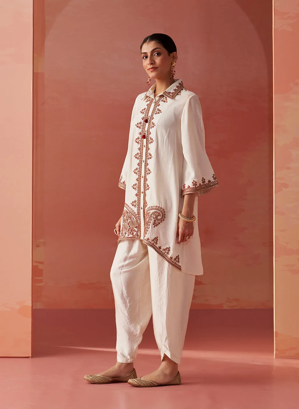 Zoha Ivory Embroidered Rayon Shirt for Women