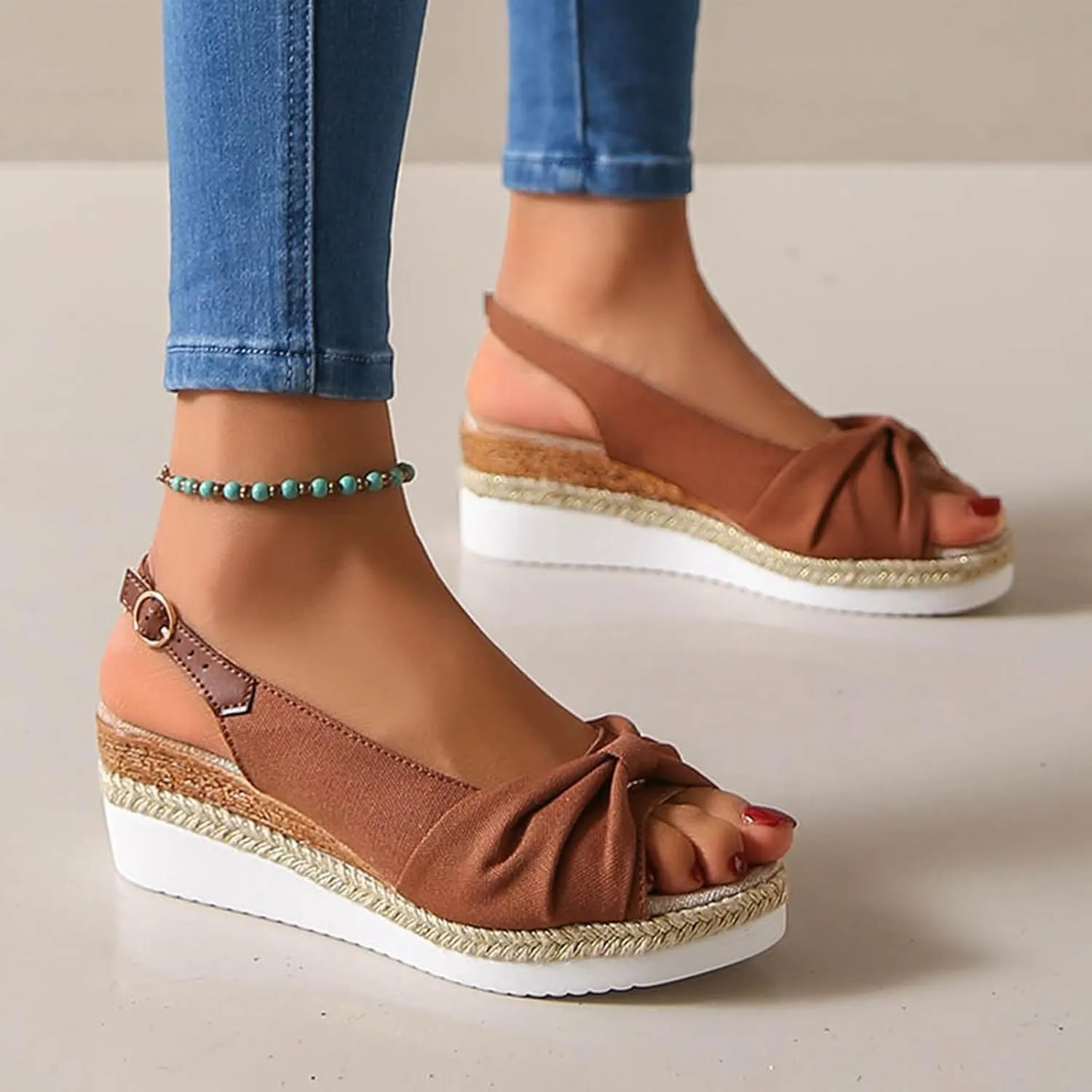 ZSpzx Orthopedic Sandals for Women,Womens Espadrilles Wedge Sandals 2025 Dressy Summer Slides Fish Mouth Platform Comfortable Slip on Bow Knot Open Toe Ankle Strap Beach Casual Walking Shoes
