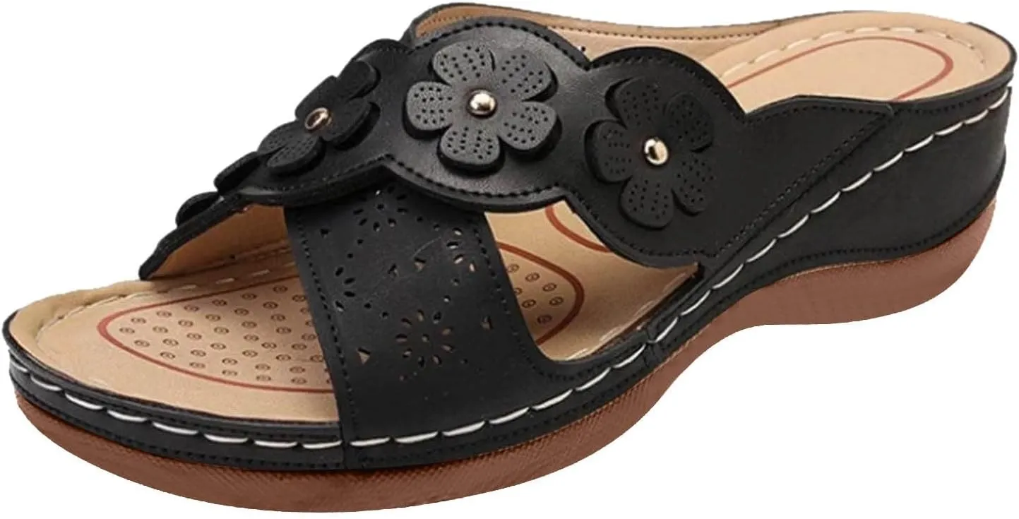ZSpzx Orthopedic Sandals for Women,Women's Hollow Flower Slippers Dressy Summer 2025 Womens Summer Comfortable Sandals Arch Support Casual Wedge Sandals Boho Walking Shoes Flip Flops