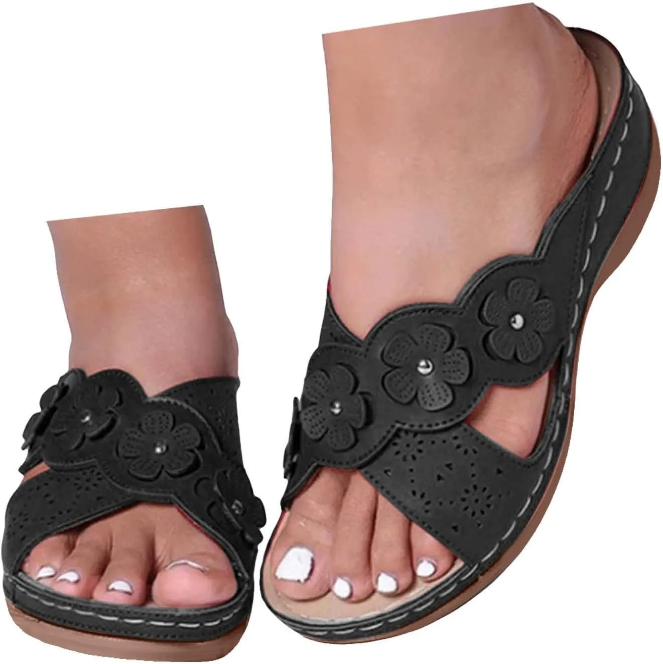 ZSpzx Orthopedic Sandals for Women,Women's Hollow Flower Slippers Dressy Summer 2025 Womens Summer Comfortable Sandals Arch Support Casual Wedge Sandals Boho Walking Shoes Flip Flops