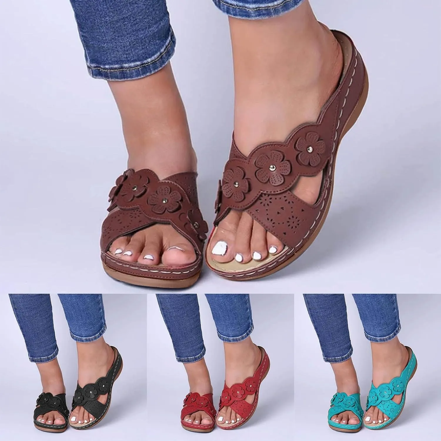 ZSpzx Orthopedic Sandals for Women,Women's Hollow Flower Slippers Dressy Summer 2025 Womens Summer Comfortable Sandals Arch Support Casual Wedge Sandals Boho Walking Shoes Flip Flops