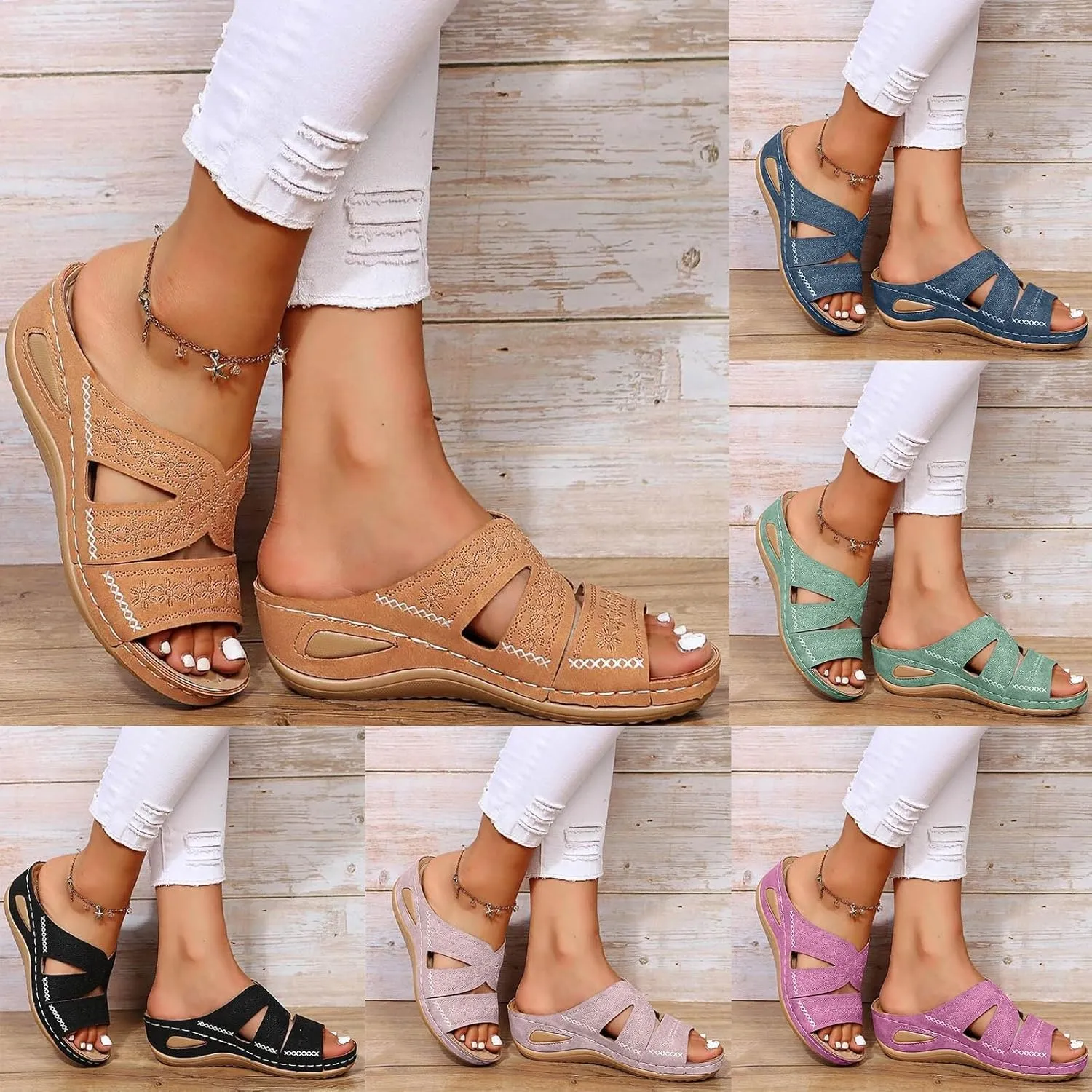 ZSpzx Orthopedic Wedge Sandals for Women 2025 Open Toe Platform Dressy Summer Foot Arch Supports Hollow Out Casual Boho Slip on Beach Dress Comfortable Outdoor Shoes for Daily Wear