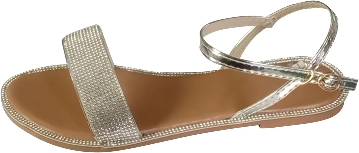 ZSpzx Summer Sandals For Women 2025,Women's Flat Sandals,Sparkly Rhinestone Strappy Bridal Wedding Dress Fashion Ankle Strap Casual Open Toe Slip on Beach Prom Party Work Comfortable Dressy Shoes