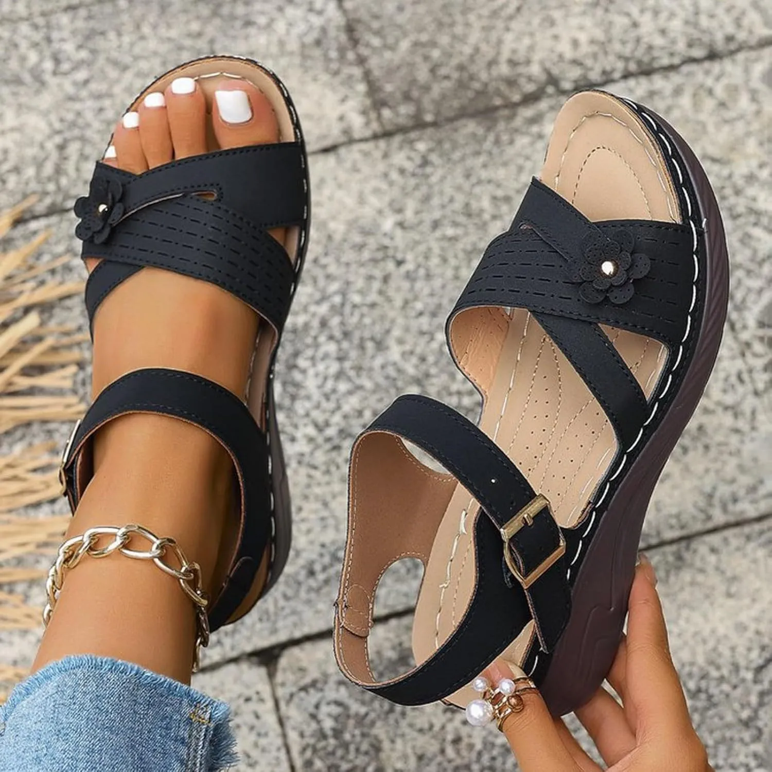 ZSpzx Wedge Sandals For Women Arch Support Walking Shoes Dress Flowers Bohe Ankle Sandal Orthopedic Comfortable Platform Summer Dressy Casual Bunion Orthotic Open Toe Beach Slip On Slides Slippers