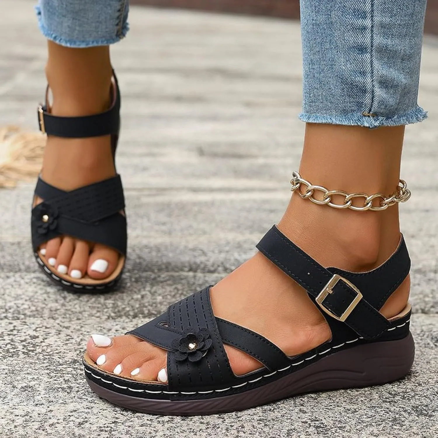 ZSpzx Wedge Sandals For Women Arch Support Walking Shoes Dress Flowers Bohe Ankle Sandal Orthopedic Comfortable Platform Summer Dressy Casual Bunion Orthotic Open Toe Beach Slip On Slides Slippers