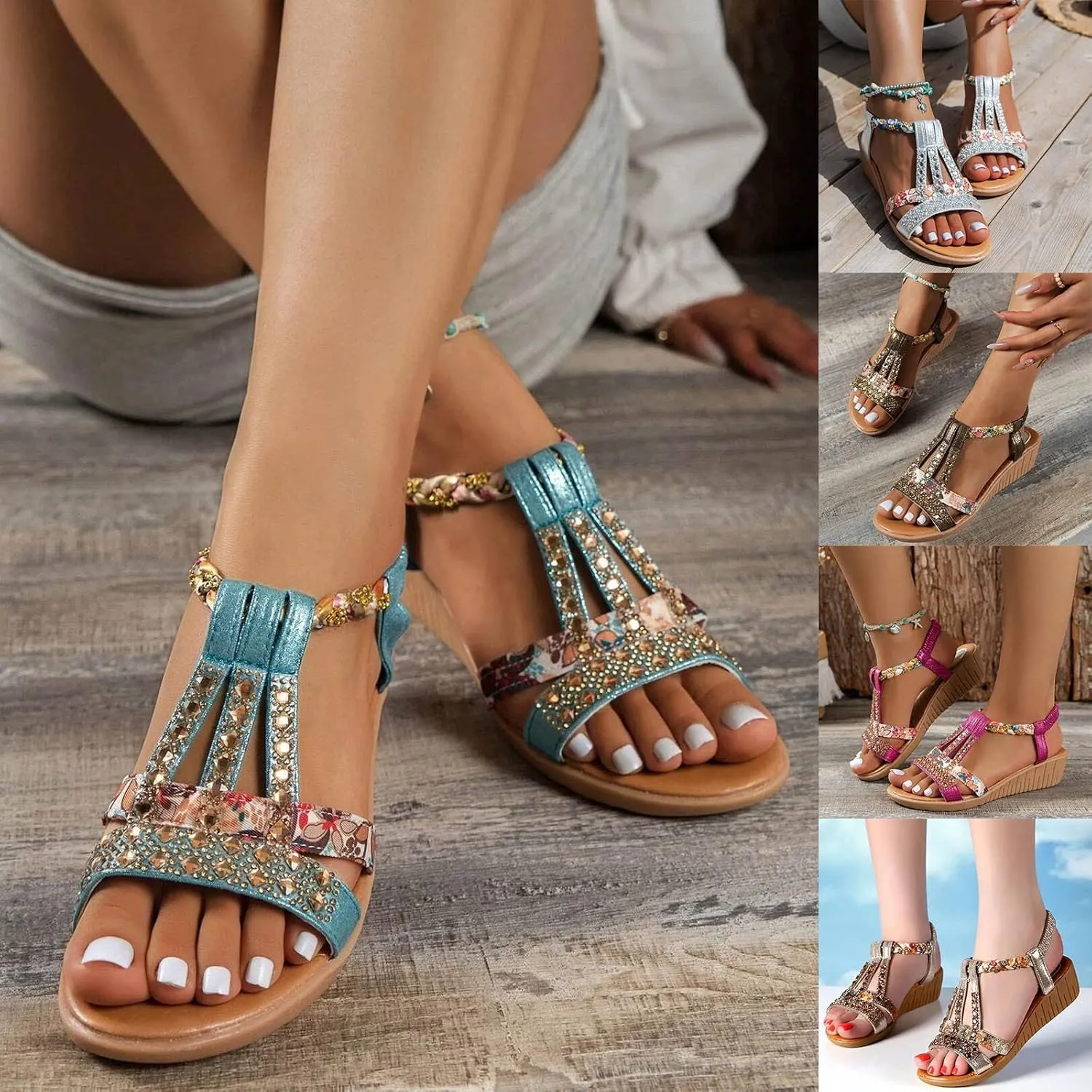 ZSpzx Wedge Sandals For Women Arch Support Women's Rhinestone Orthopedic T-Strap Slip On Dressy Summer Comfortable Elastic Strap Beach Casual Indoor Outdoor Walking Shoes for Party Vacation