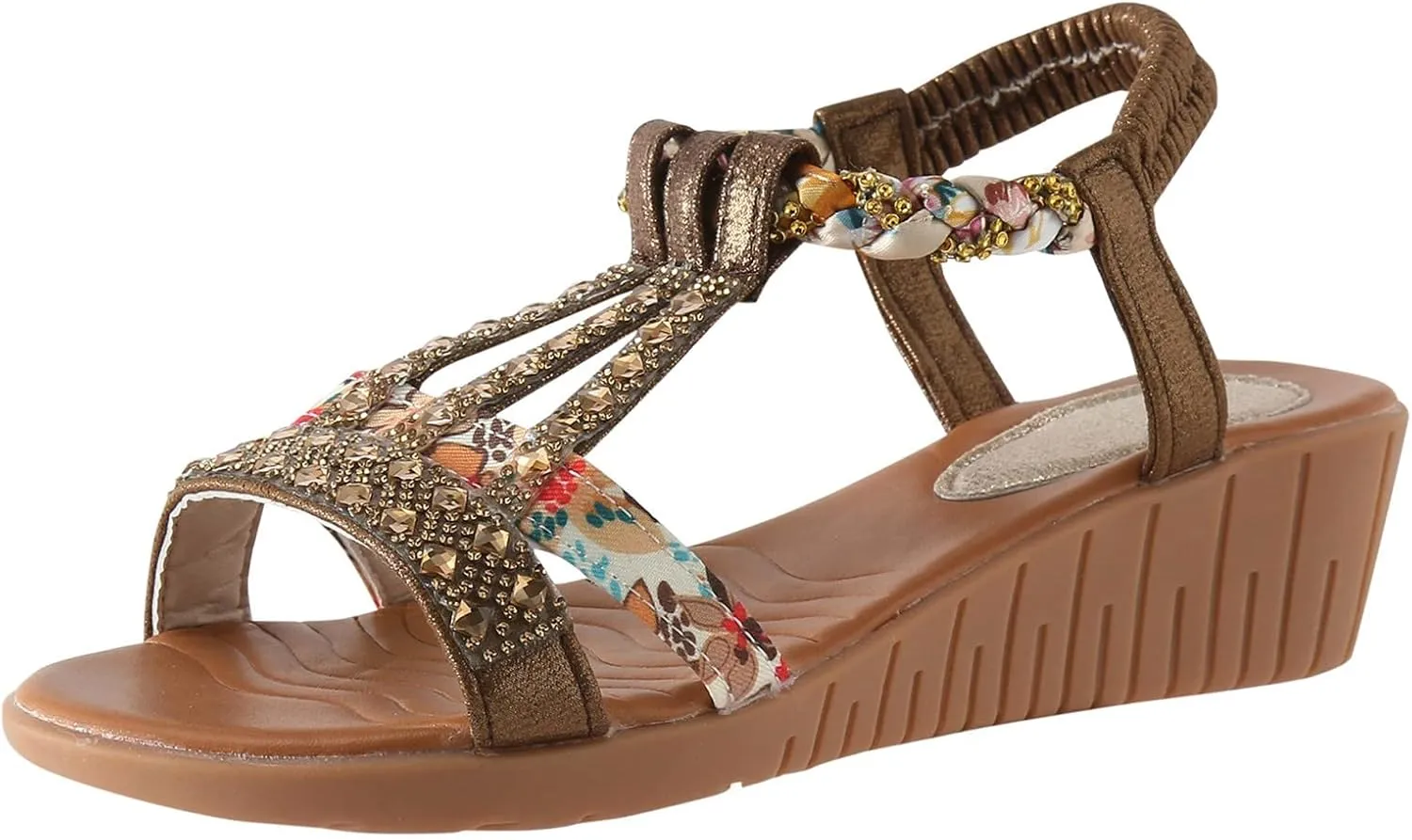 ZSpzx Wedge Sandals For Women Arch Support Women's Rhinestone Orthopedic T-Strap Slip On Dressy Summer Comfortable Elastic Strap Beach Casual Indoor Outdoor Walking Shoes for Party Vacation