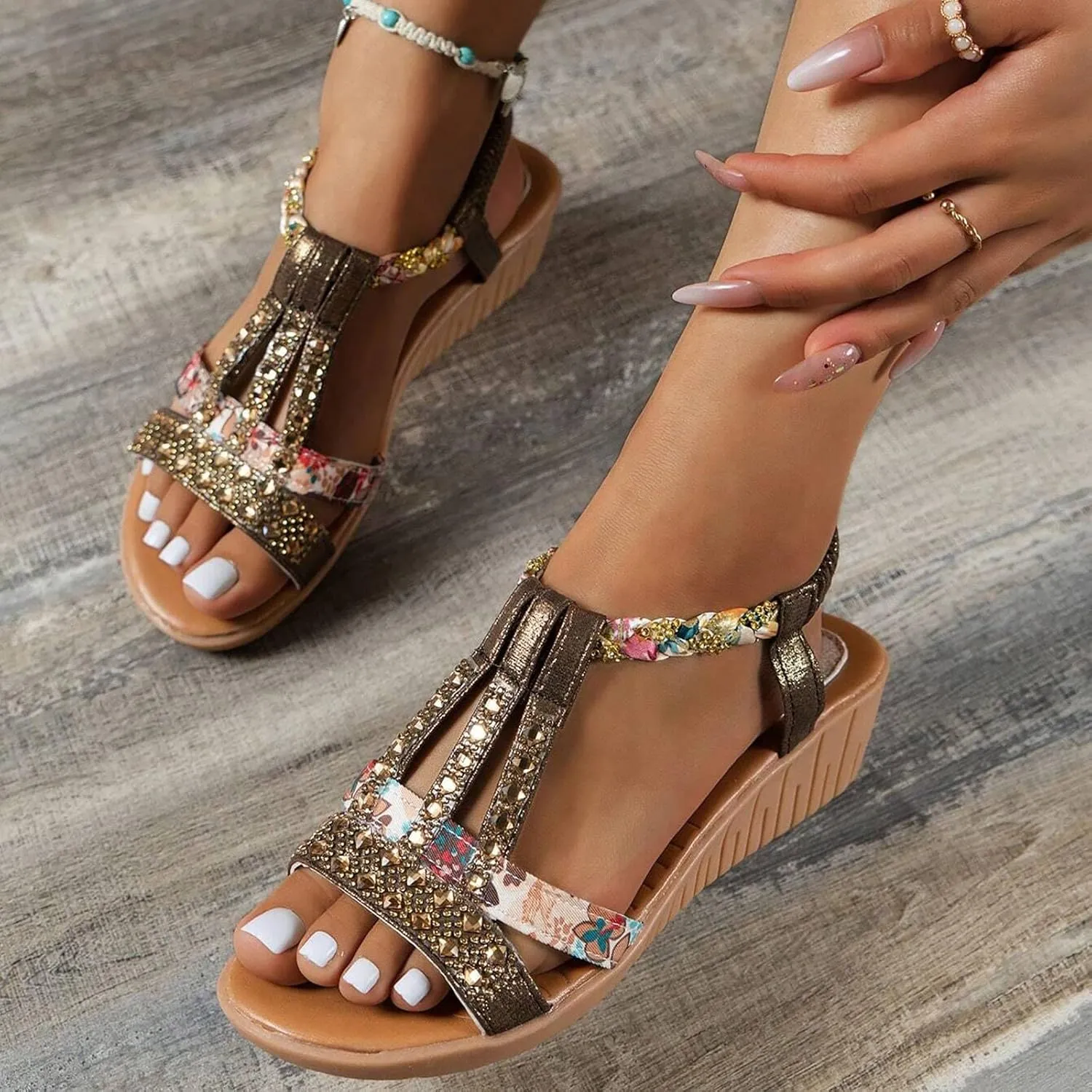 ZSpzx Wedge Sandals For Women Arch Support Women's Rhinestone Orthopedic T-Strap Slip On Dressy Summer Comfortable Elastic Strap Beach Casual Indoor Outdoor Walking Shoes for Party Vacation