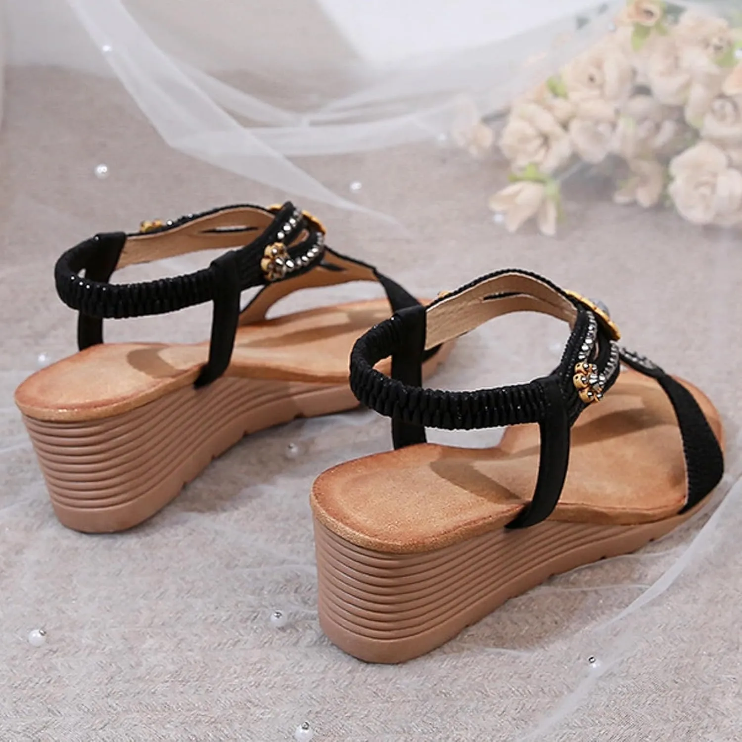 ZSpzx Women's T-strap Wedge Sandals Sparkly Rhinestone Open Toe Fashion Dressy Prom Shoes Comfortable Platform Elastic Retro Dress Summer Womens Bohe Beach Slip On Slides Ankle Strap Sandal