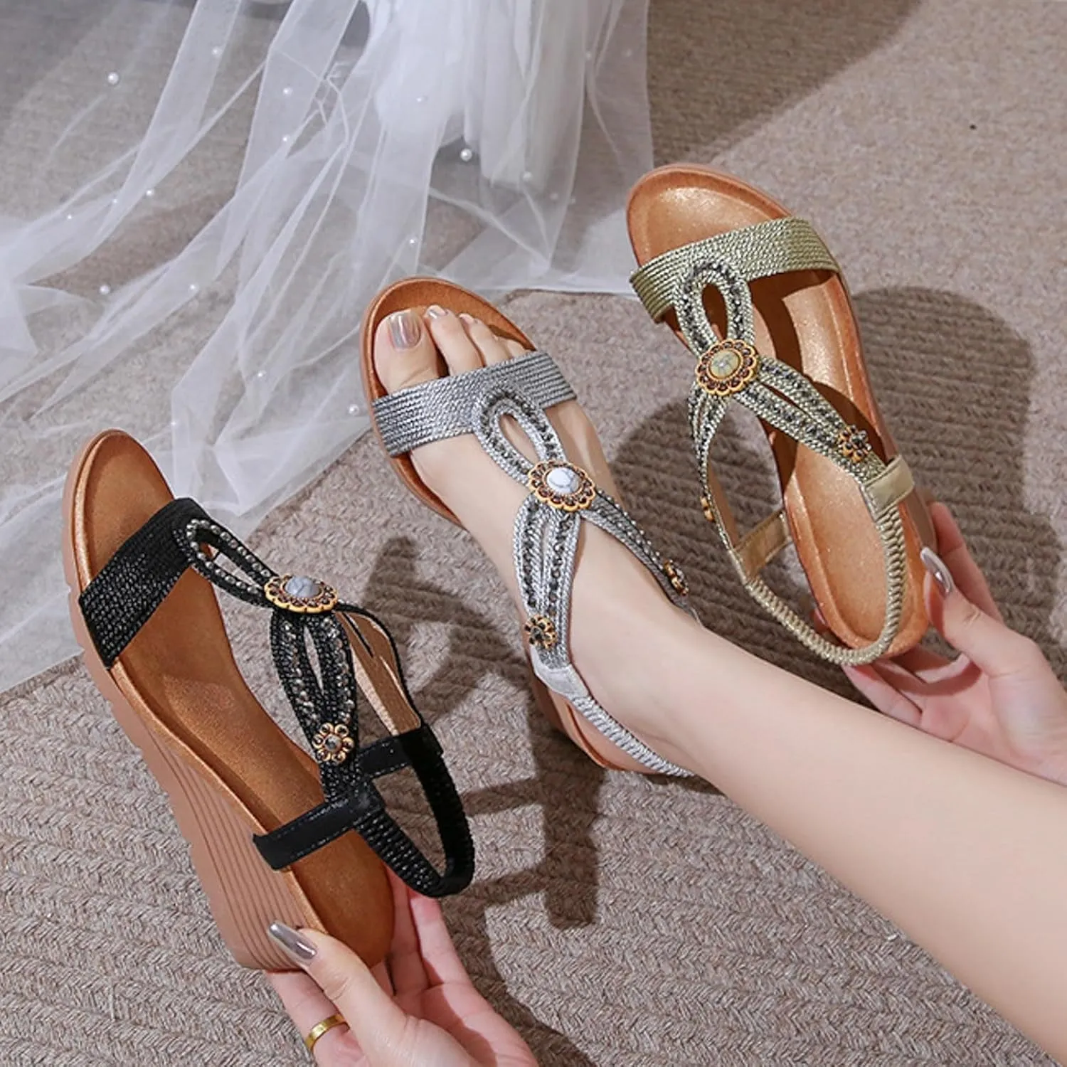 ZSpzx Women's T-strap Wedge Sandals Sparkly Rhinestone Open Toe Fashion Dressy Prom Shoes Comfortable Platform Elastic Retro Dress Summer Womens Bohe Beach Slip On Slides Ankle Strap Sandal
