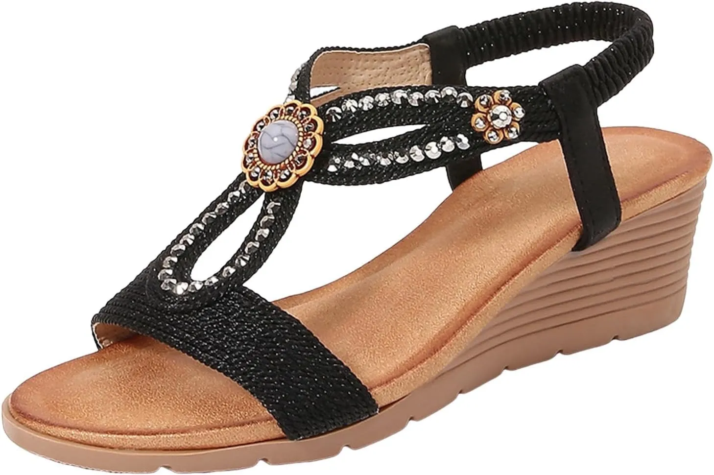 ZSpzx Women's T-strap Wedge Sandals Sparkly Rhinestone Open Toe Fashion Dressy Prom Shoes Comfortable Platform Elastic Retro Dress Summer Womens Bohe Beach Slip On Slides Ankle Strap Sandal